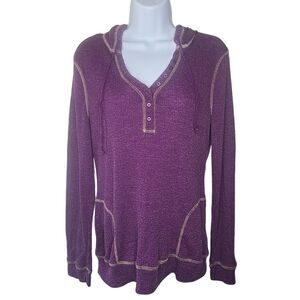 Currants Women's Lightweight Hooded Sweater LG Purple Vneck Button Contrast Trim